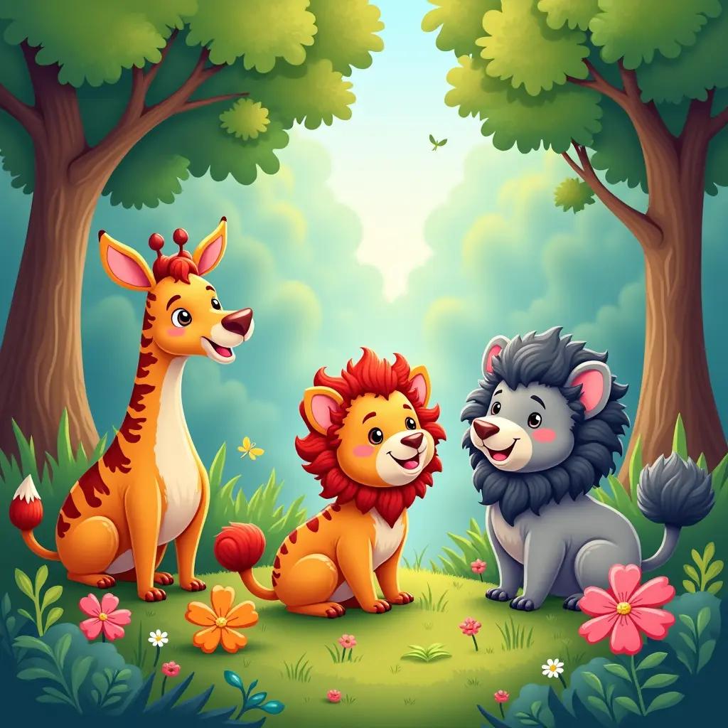 colorful, detailed, high quality, 4k, digital art, A vibrant children's book illustration featuring friendly animals in a whimsical forest, with bright colors and playful expressions, A vibrant children's book illustration featuring friendly animals in a whimsical forest, with bright colors and playful expressions.