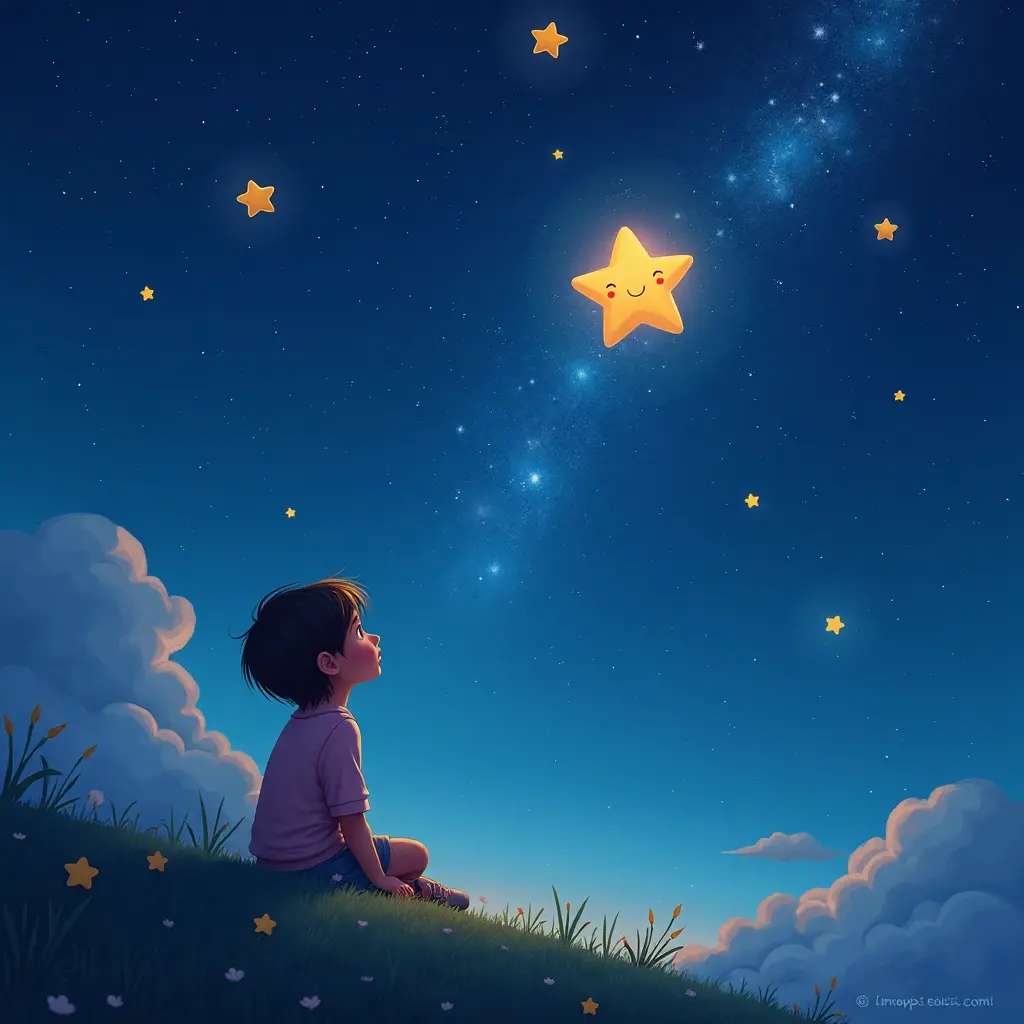 dreamy, night scene, 4k, digital illustration, A magical bedtime story with friendly stars and a small child looking up in awe at the sparkling night sky.