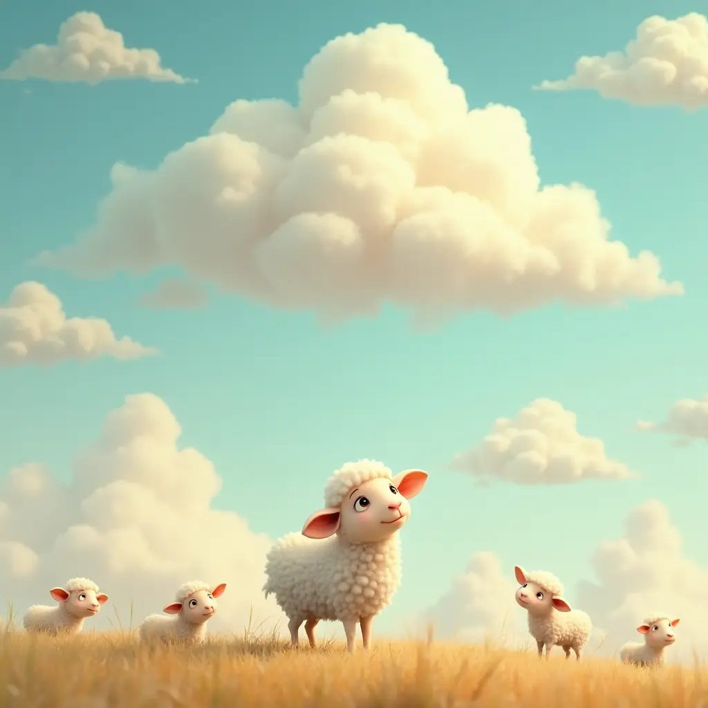 4k, soft pastel style, warm colors, A curious sheep looking up at fluffy clouds in a big, open sky, with other animals joining the adventure.